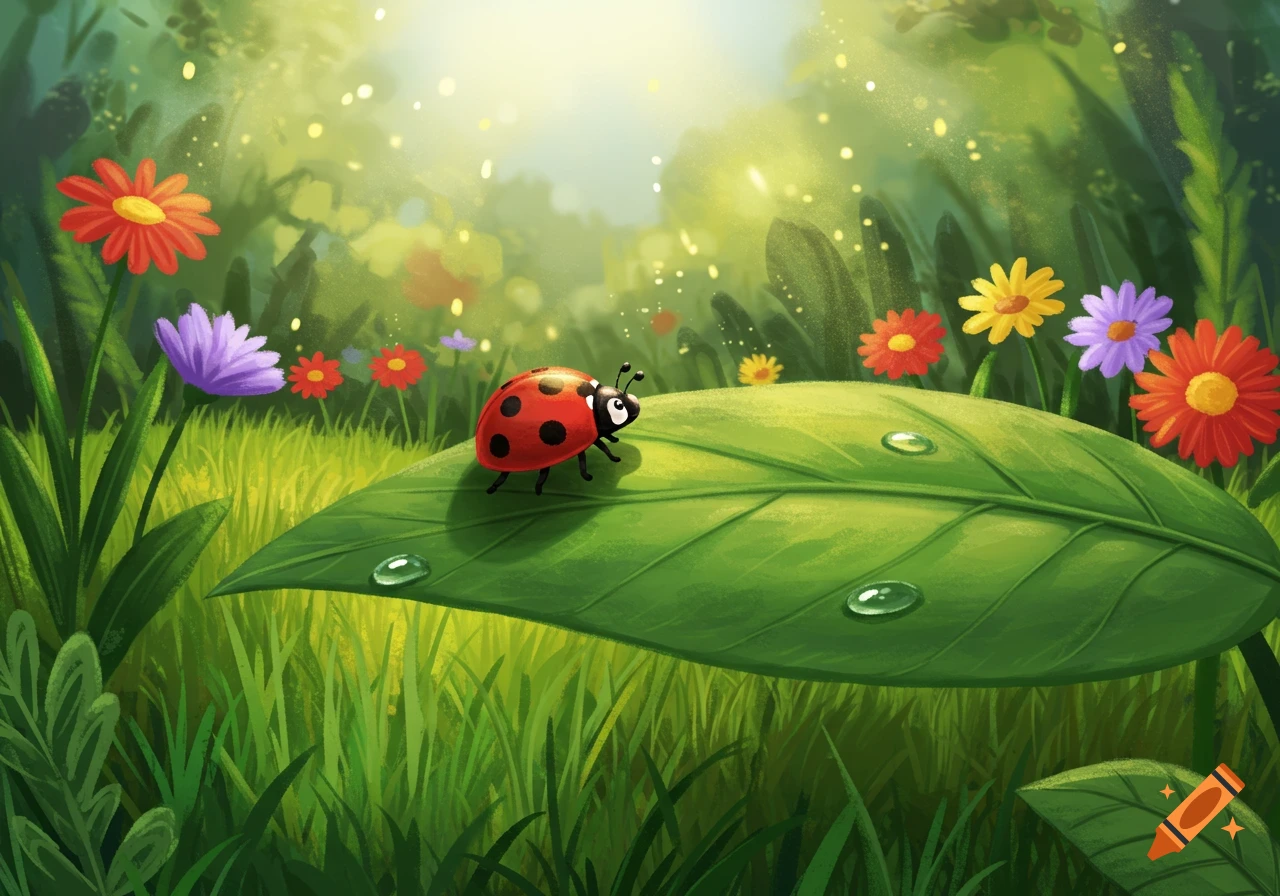 A cute red ladybug sits on a large green leaf in a bright, sunny garden with colorful flowers and grass, in a children's book illustration style.