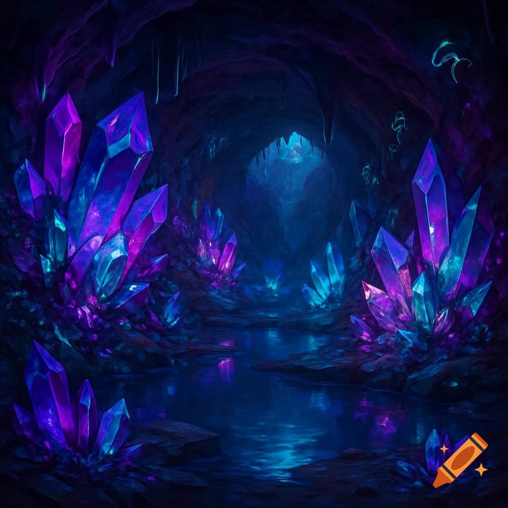 A dark cave with glowing purple and blue crystals along a winding river.