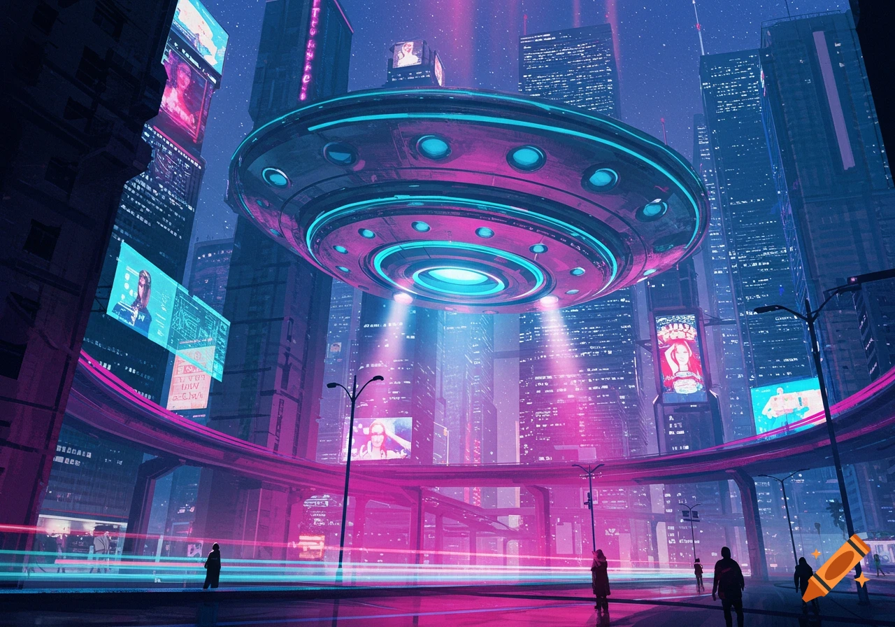 A glowing UFO hovers over a futuristic cityscape at night, lit by vibrant neon pink and blue lights.