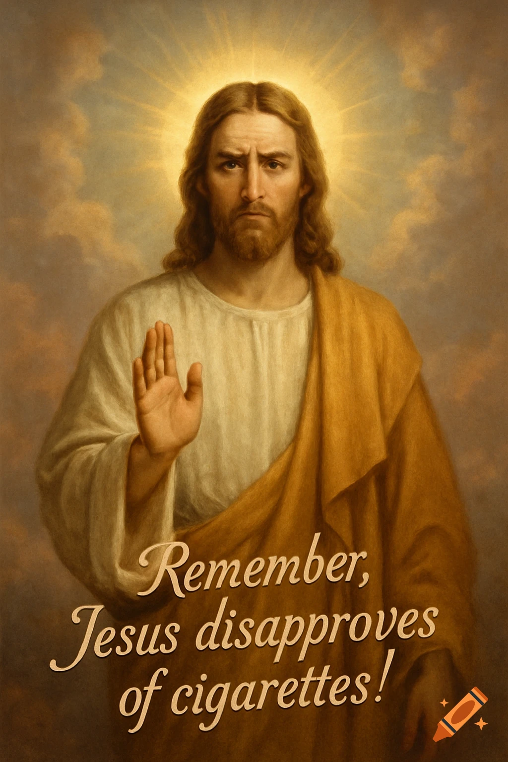 A classical painting of Jesus with a disapproving expression, his right hand raised, with the text 'Remember, Jesus disapproves of cigarettes!'
