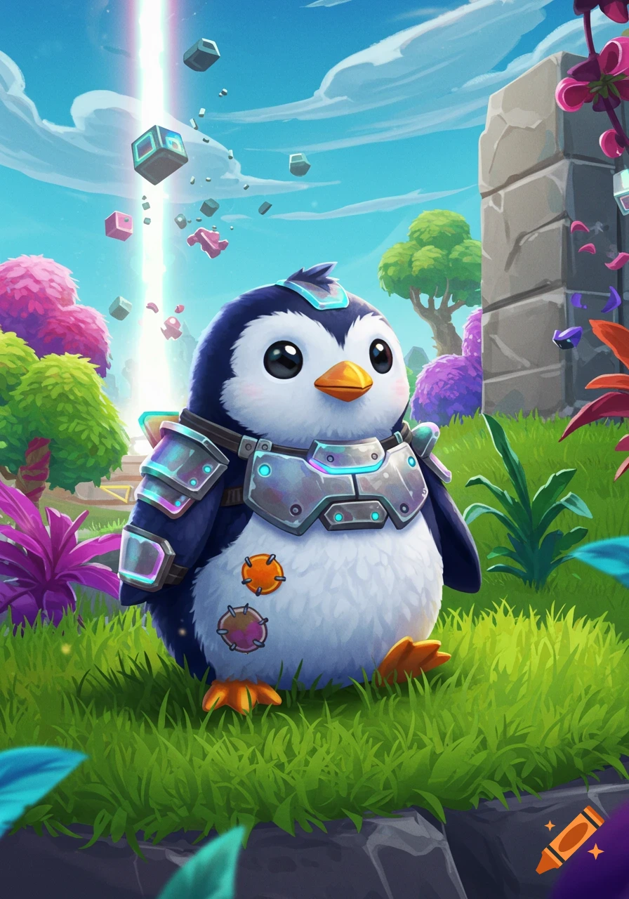 A cute cartoon penguin in metallic armor stands in a vibrant, fantastical landscape with colorful plants, floating blocks, and a light beam.