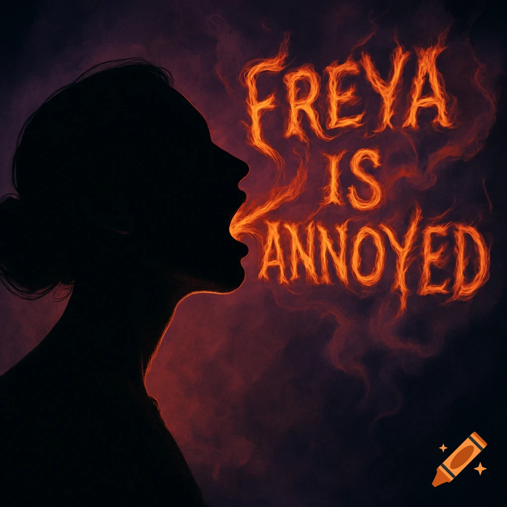 A silhouette of a woman's head from the side, with fiery orange letters spelling 'FREYA IS ANNOYED' emanating from her open mouth.