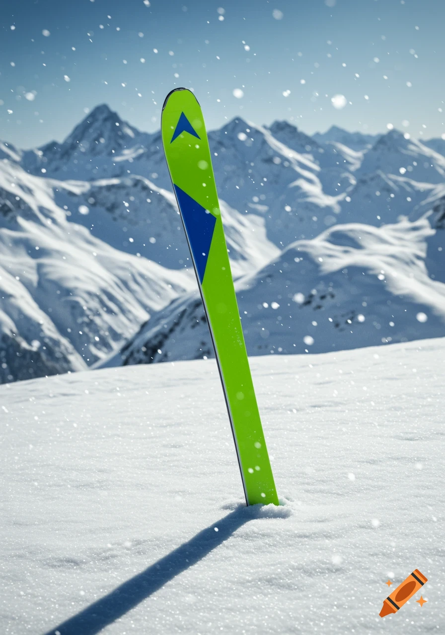 A single green and blue ski stands upright in a snow-covered mountain landscape under falling snow.