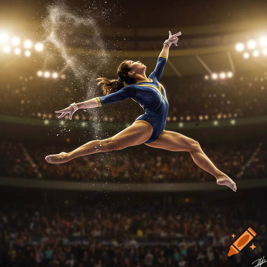 A female gymnast mid-jump during a performance, illuminated by stadium lights, with chalk dust rising around her.