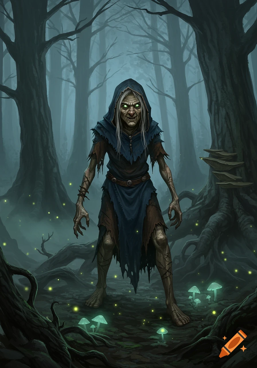 A grotesque hag with glowing eyes and tattered robes stands in a dark, misty forest with glowing mushrooms.