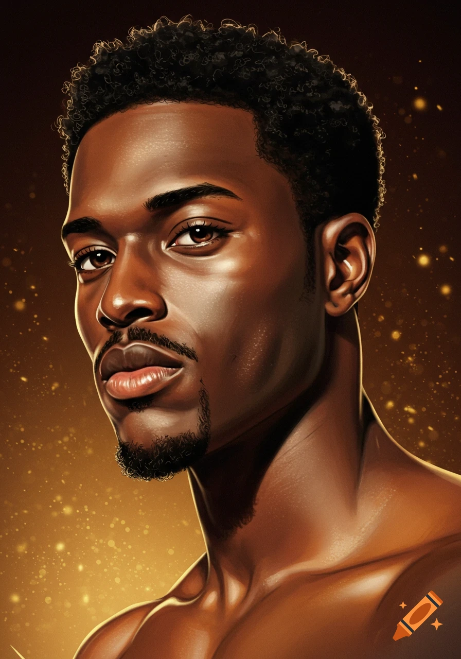 Digital painting of a handsome Black man with an afro and goatee, against a golden, sparkling background.