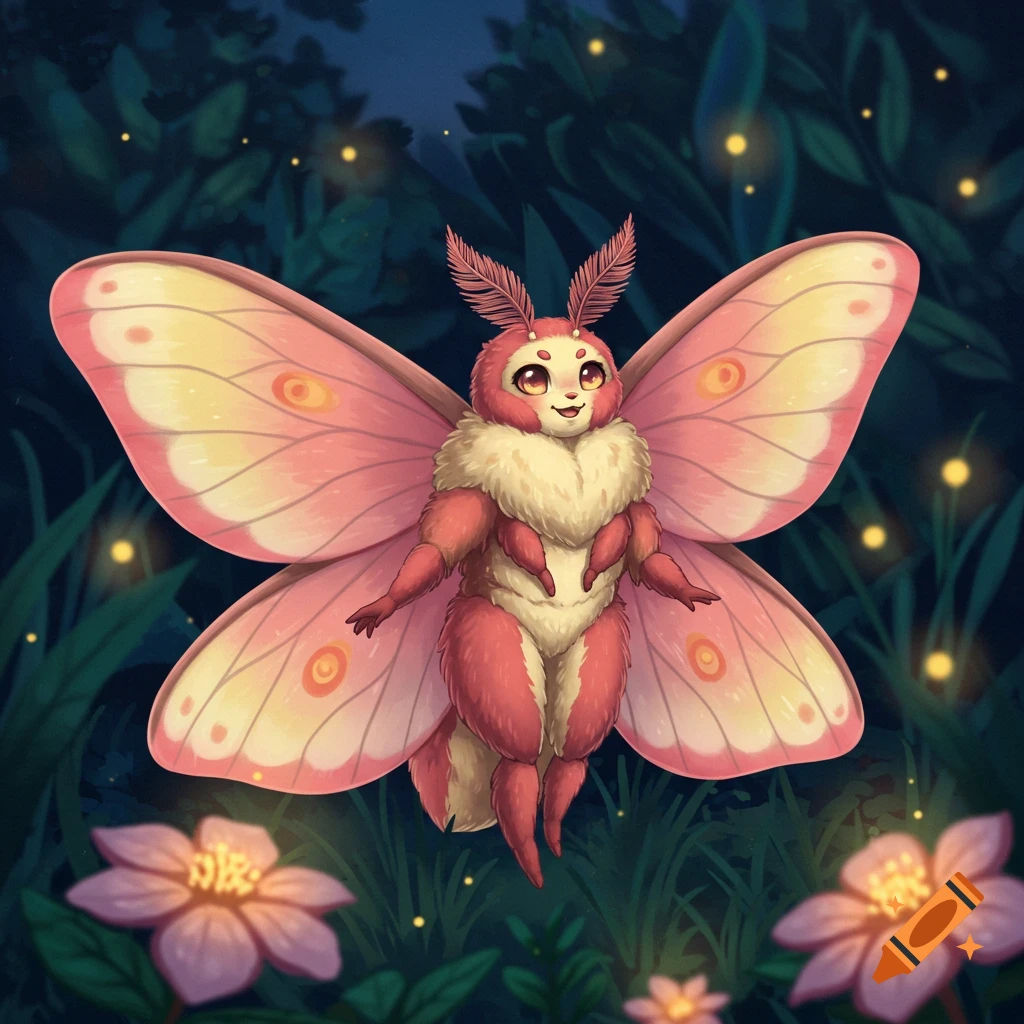 An anime-style furry rose maple moth with pink wings and fluffy fur stands in a dark forest with glowing fireflies and flowers.