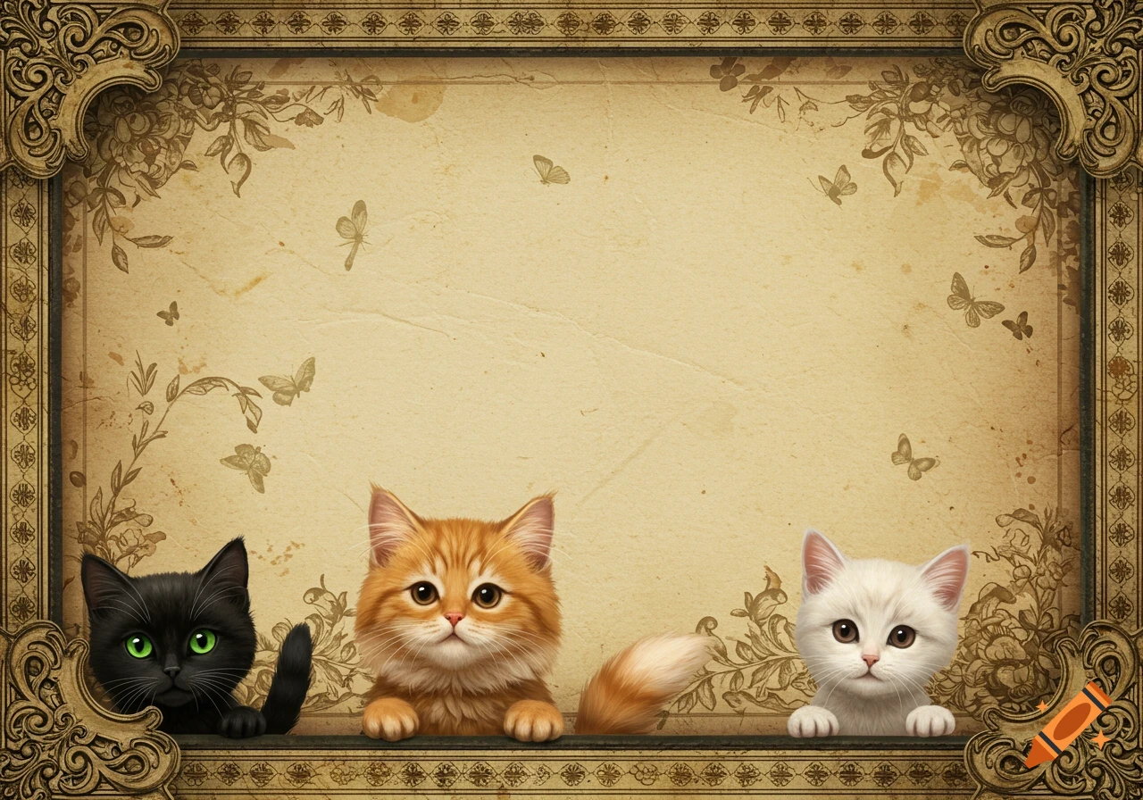 Three cute kittens (black, orange, white) peek over a ledge, framed by an ornate vintage border with butterflies on aged paper.