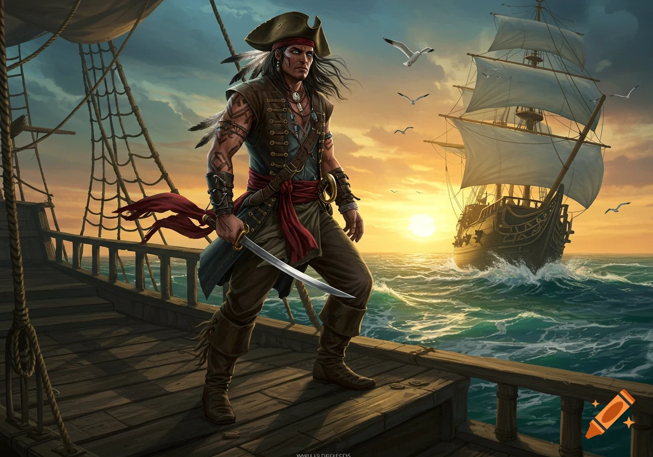 A detailed illustration of a Native American pirate with a sword standing on a ship deck, another ship visible on the ocean at sunset.