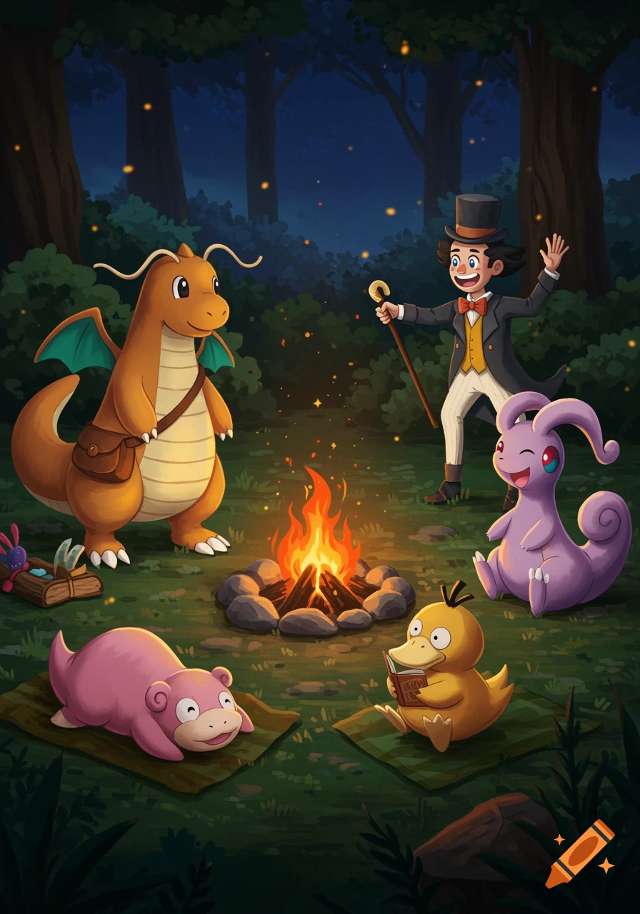 Cartoon Dragonite, Goodra, Slowpoke, and Psyduck with a person in a top hat around a campfire in a dark forest.