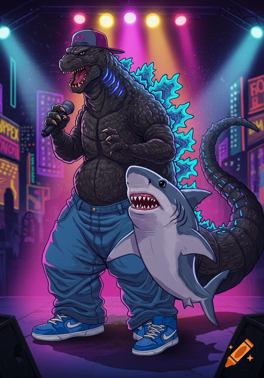 A cartoon Godzilla wearing a cap and baggy jeans, holding a microphone and rapping on a stage with a shark, against a neon city background.