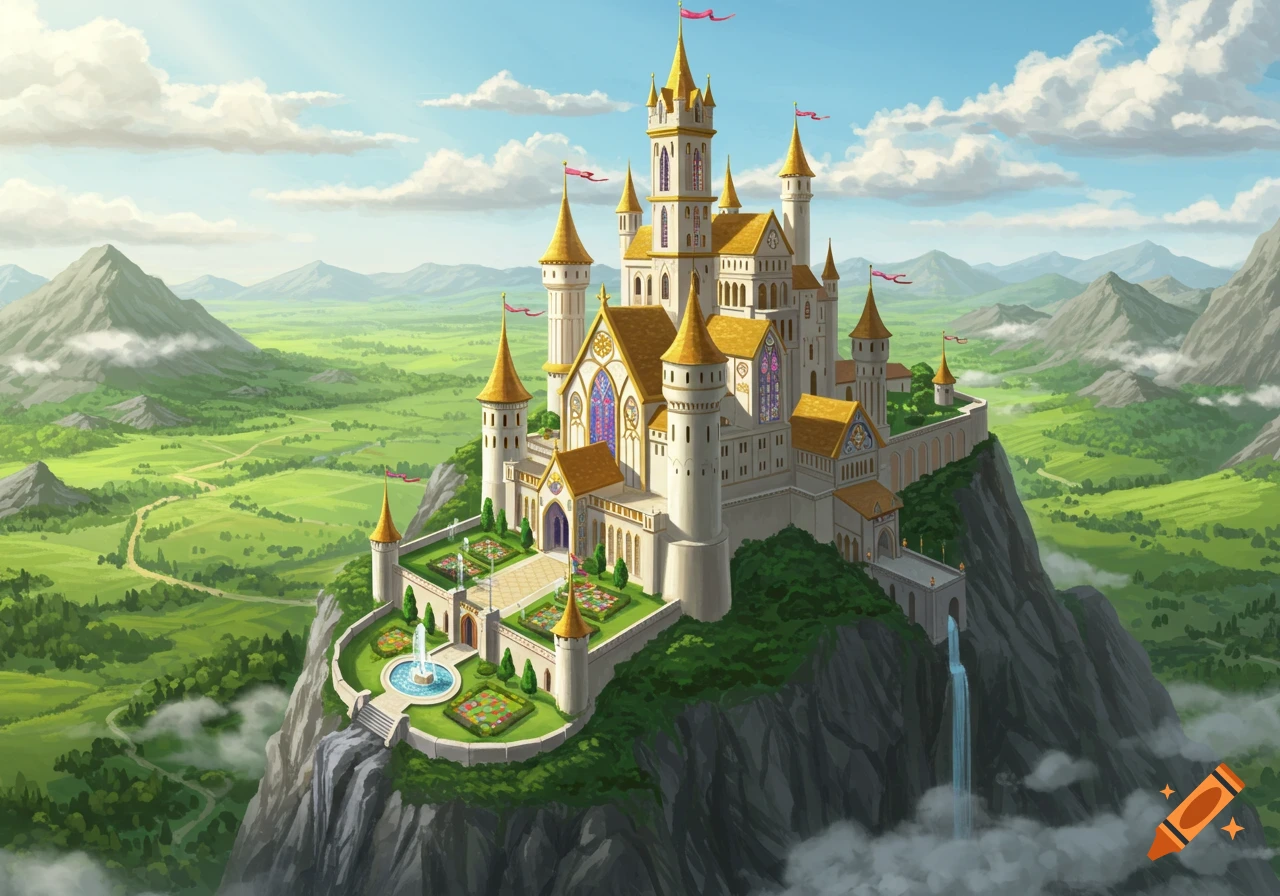 A grand fantasy castle with gold spires on a tall mountain peak overlooking a lush green valley with distant mountains and a blue sky.