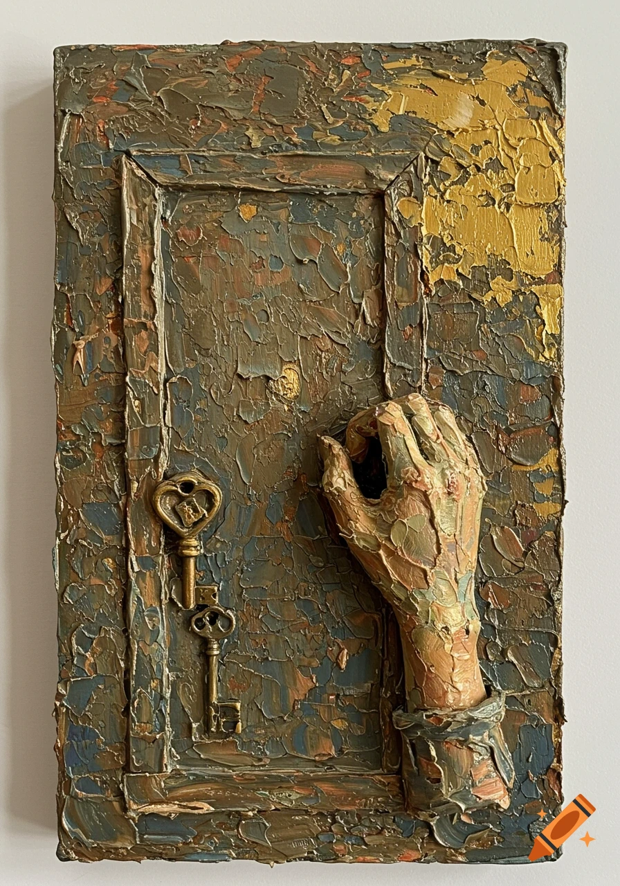 Textured impasto artwork of a hand knocking on a blue-grey and gold door with two antique keys below.