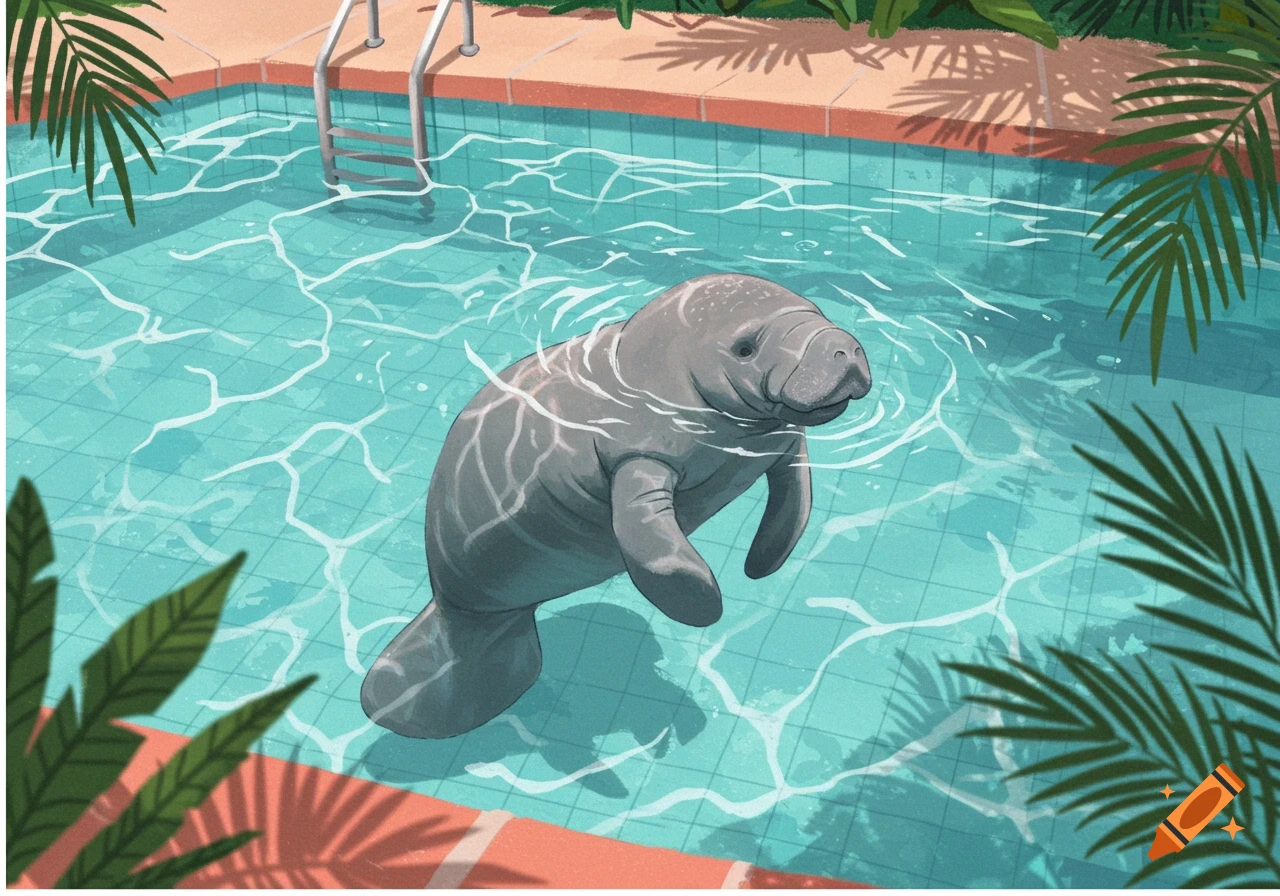 An illustration of a manatee swimming in a light blue tiled swimming pool, surrounded by palm leaves.