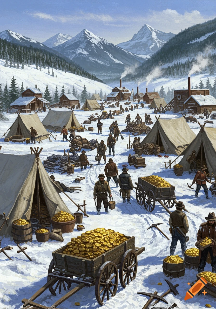 A bustling historical gold mining camp in a snowy mountain landscape, with tents, wooden buildings, miners, and carts filled with gold.