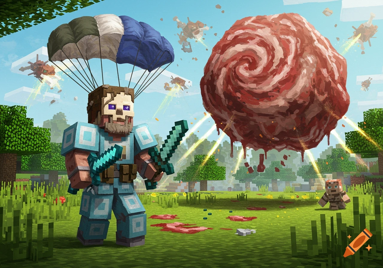 A Minecraft-style paratrooper with a skull head and beard stands with two swords in a lush green landscape, facing a giant swirling meatball while smaller enemies fly in the sky.