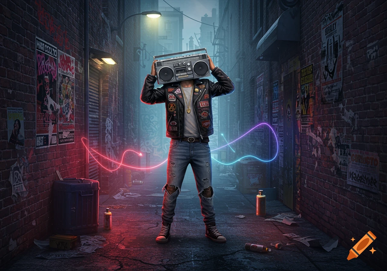 A person holding a boombox over their head in a dark alleyway with neon light trails and graffiti-covered walls.