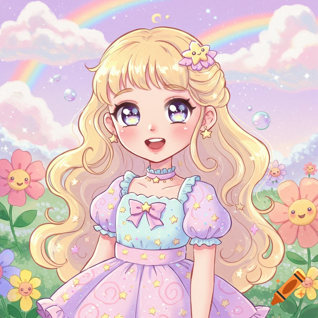 A cute anime girl with blonde hair and big eyes wears a star-adorned dress, standing in a field of smiling flowers under a rainbow sky.