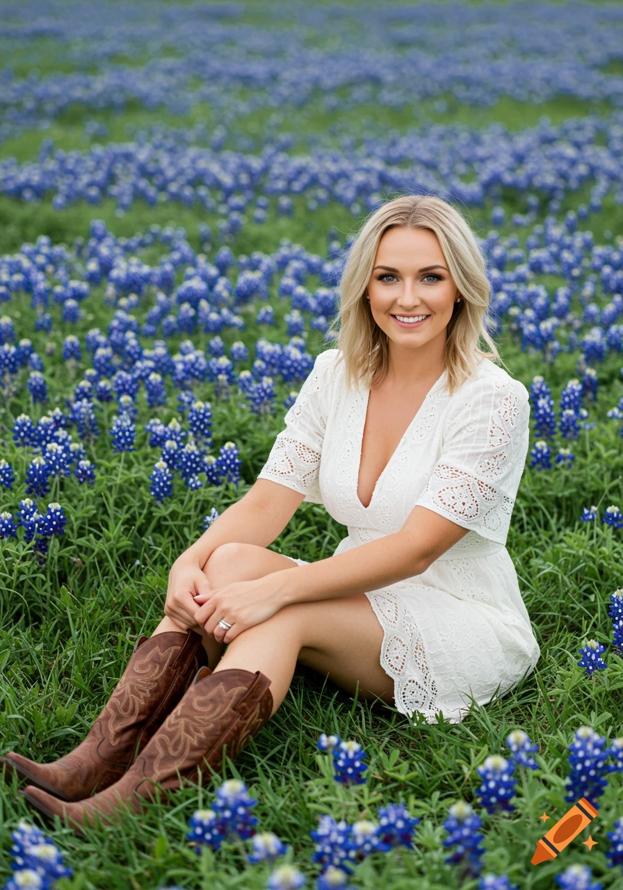 A photorealistic image of a smiling woman with blonde hair sitting in a field of bluebonnets, wearing a white dress and brown cowboy boots.