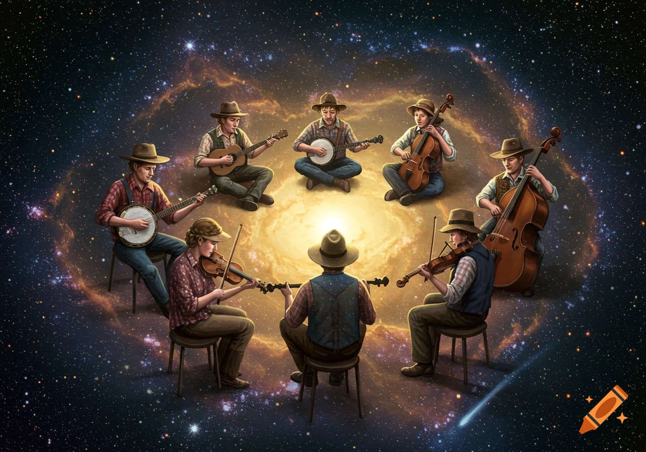 A group of bluegrass musicians playing instruments in a circular pattern in outer space, surrounded by stars and a bright nebula.