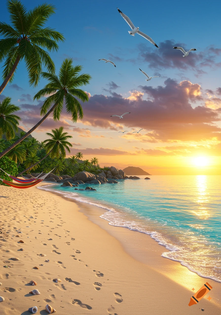 A vibrant tropical beach at sunset with palm trees, a colorful hammock, turquoise water, and seagulls flying overhead.