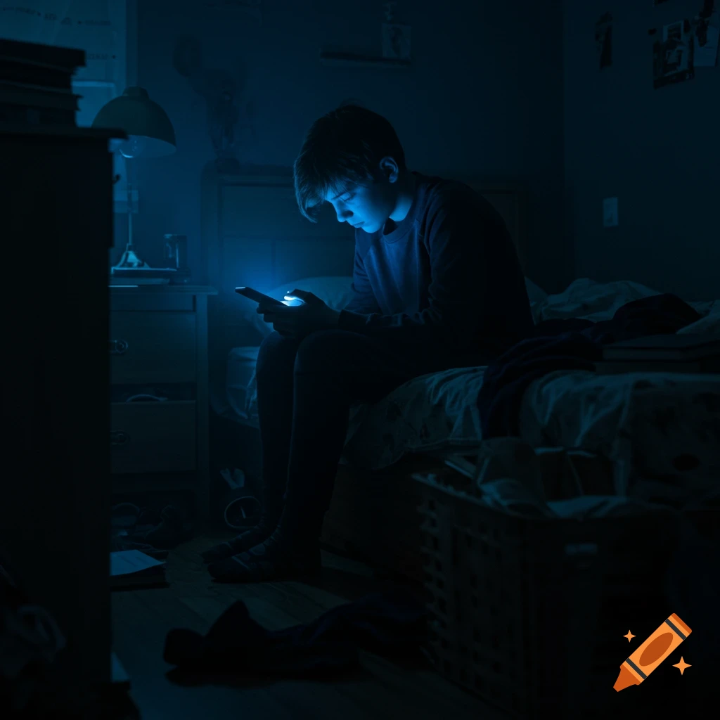 A teenager sits on a messy bed in a dark room, illuminated by the blue light of their phone in a cinematic style.