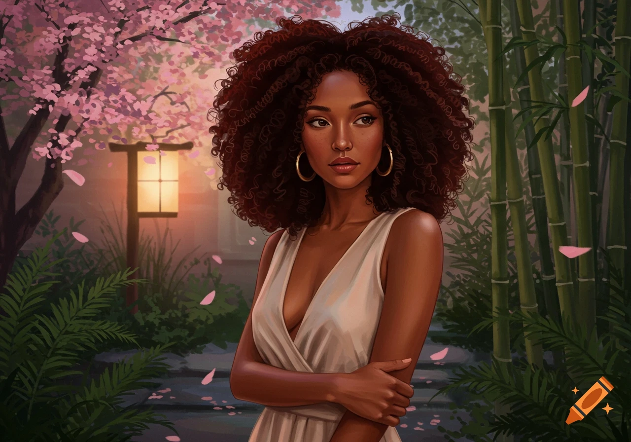 Digital illustration of a woman with curly hair in a garden with pink cherry blossoms, bamboo, and a lantern.