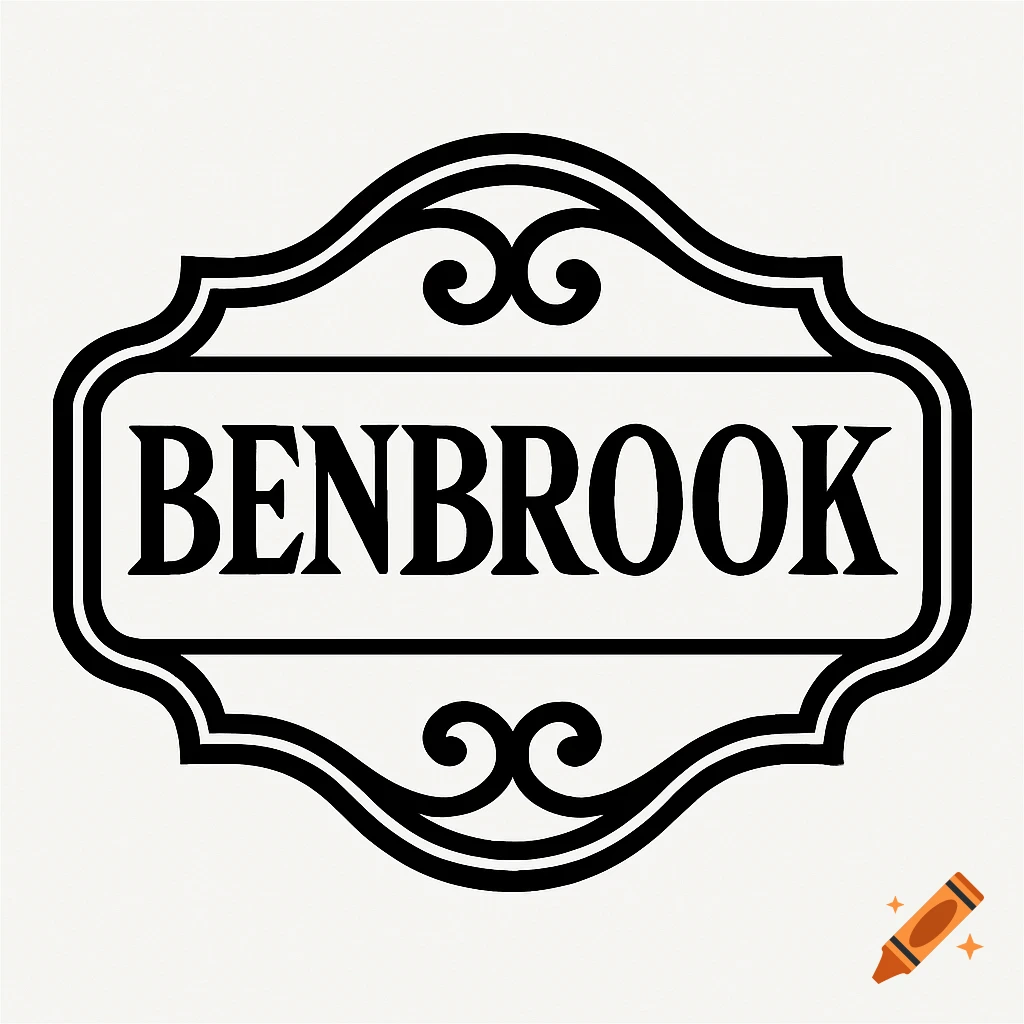 A decorative black and white sign with a rounded, ornate border containing the word BENBROOK in uppercase letters.