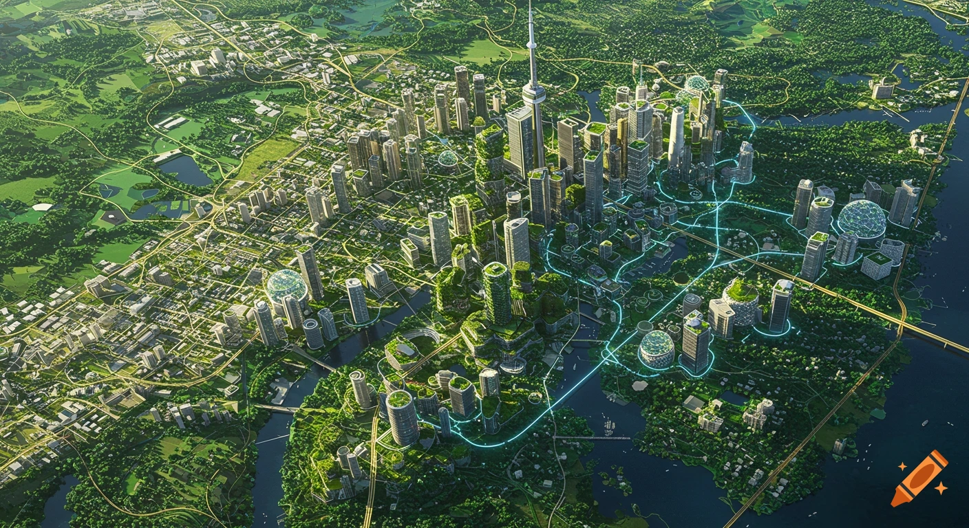 Aerial view of a sprawling green futuristic city with towering buildings, foliage-covered structures, and glowing paths.