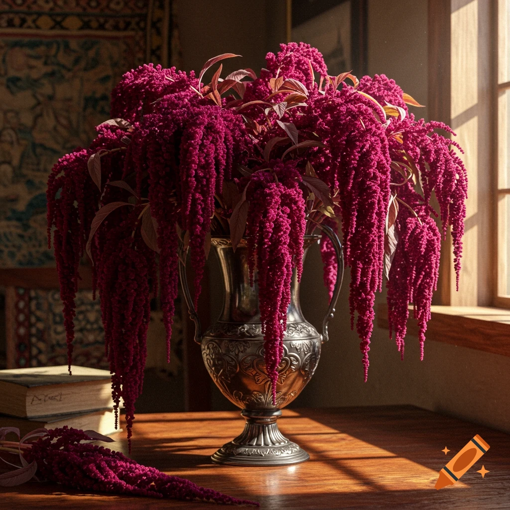 A vibrant bouquet of deep red Amaranthus caudatus flowers in an ornate silver vase sits on a polished wooden table, bathed in sunlight from a window. Books are visible in the background, next to a detailed tapestry, rendered in a photorealistic style.