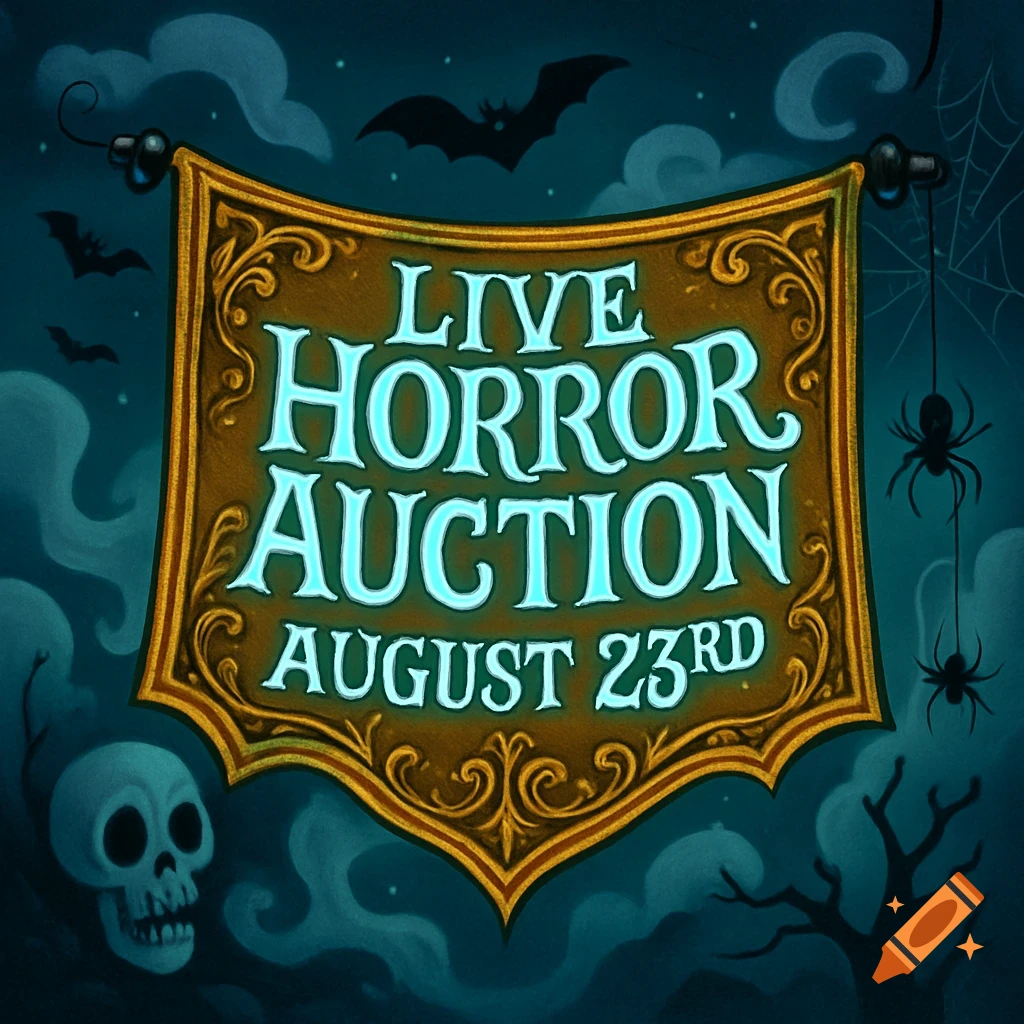 A stylized golden banner announcing 'Live Horror Auction August 23rd' hangs in a spooky night sky with bats, spiders, and a skull.