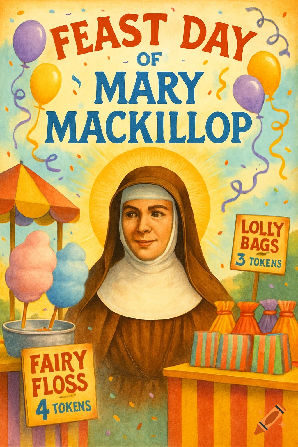 A colorful, vintage-style poster advertising 'Feast Day of Mary MacKillop', featuring a nun, balloons, and carnival stalls selling fairy floss and lolly bags.