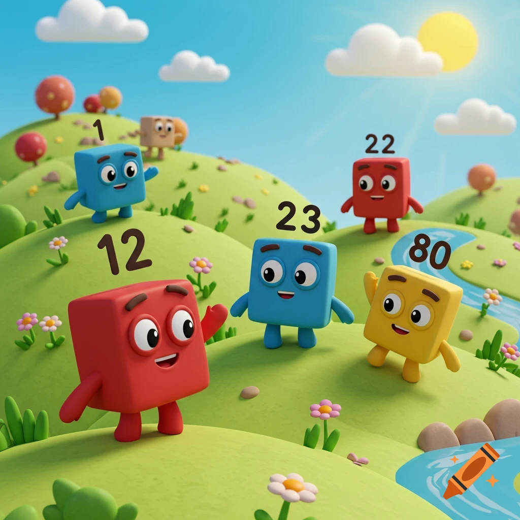 Colorful cubic characters with numbers (1, 12, 22, 23, 80) in a sunny, green hilly landscape.