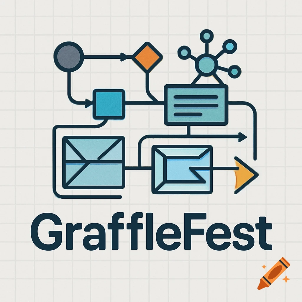 A logo for GraffleFest with a colorful diagram featuring interconnected nodes, lines, shapes, and arrows, on a light grid background.