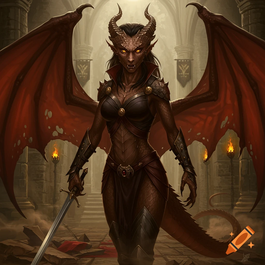 A fierce female dragonborn-vampire hybrid with bronze scales, yellow eyes, horns, and large red wings stands in a ruined castle, holding a sword.