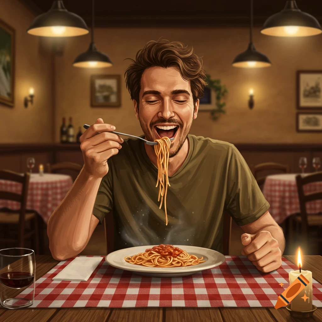 A man happily eats spaghetti with a fork at a red checkered table in a cozy restaurant.