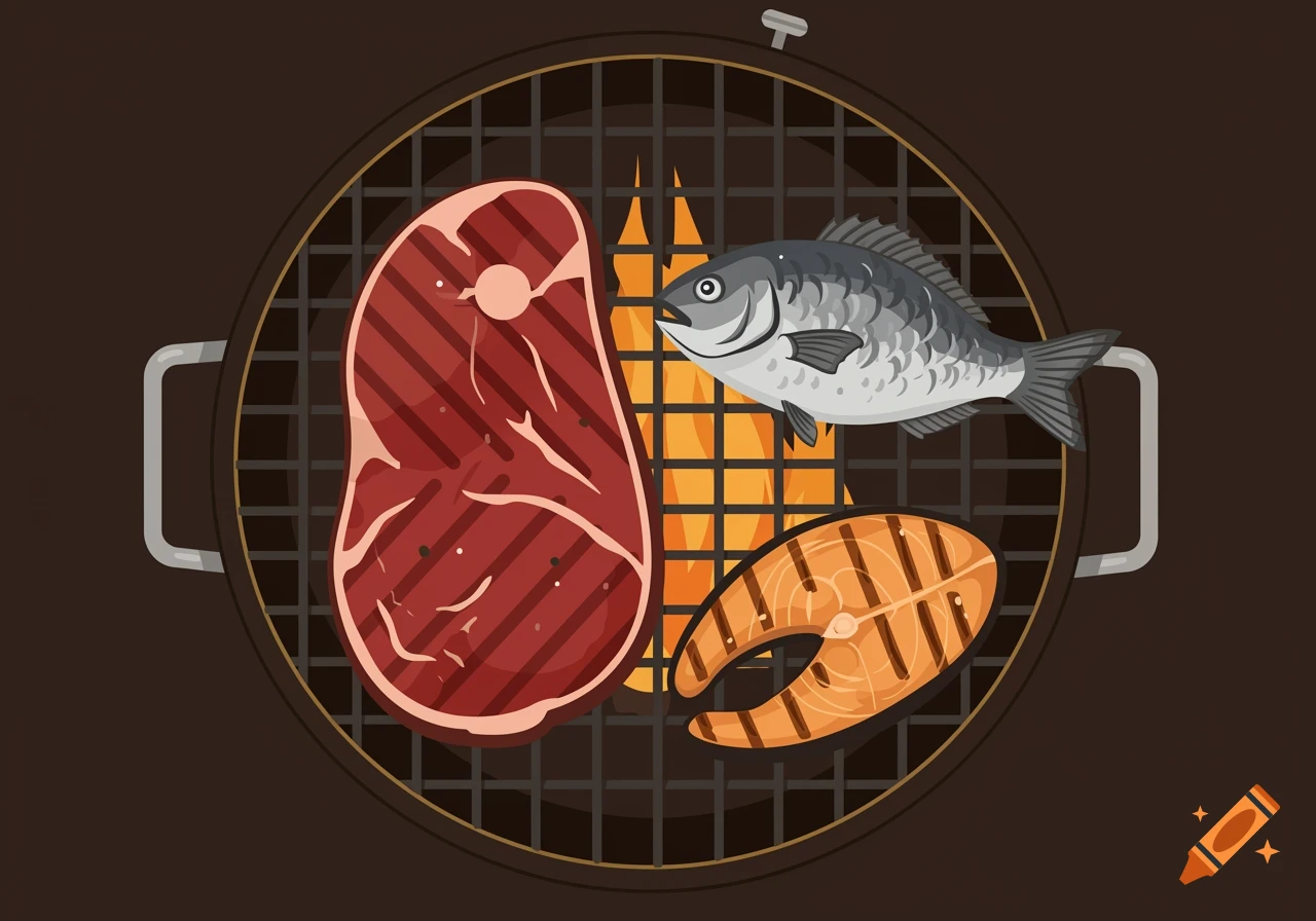 Cartoon illustration of a steak, whole fish, and salmon fillet cooking on a barbecue grill.