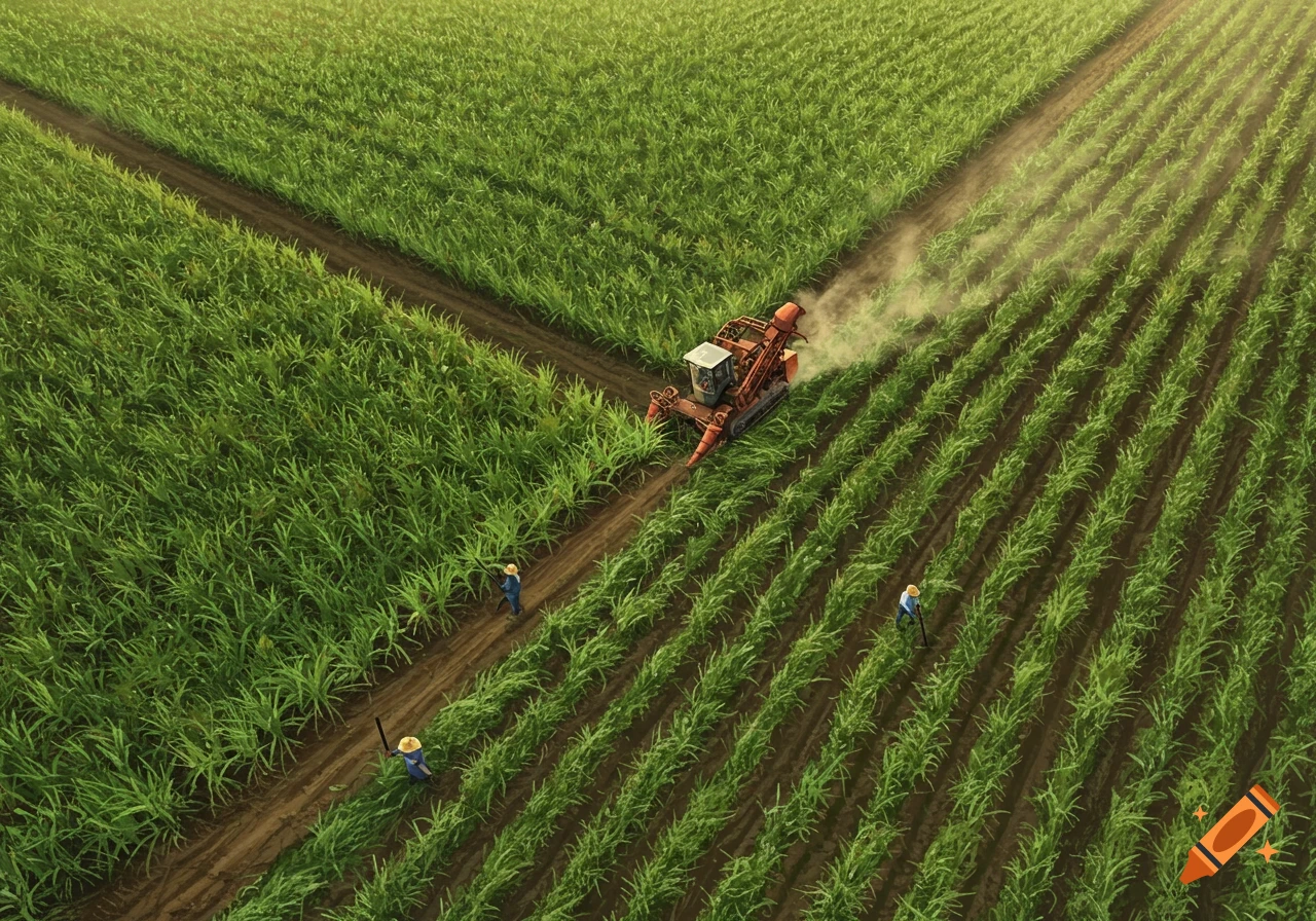 Aerial view of a sugarcane farm with a large orange harvester and several manual workers in blue clothes working amidst green rows.