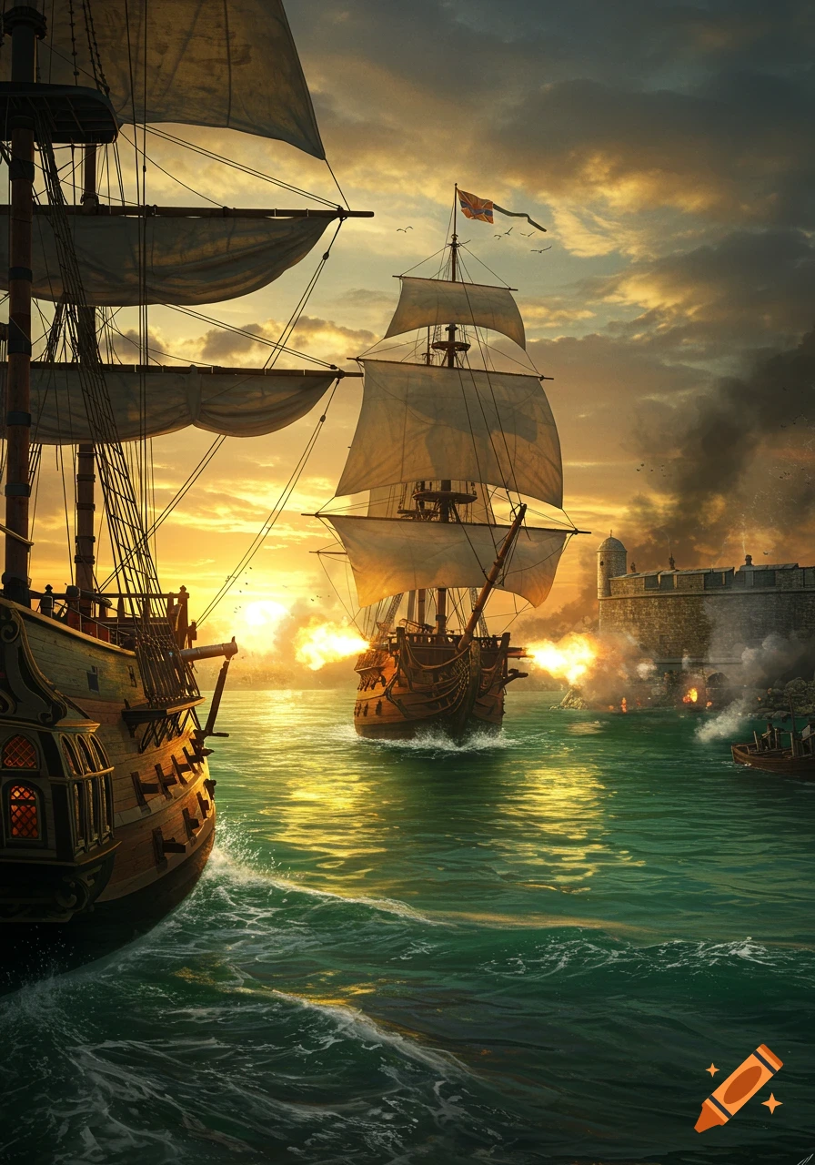 Two sailing ships at sea, one firing cannons at a fort on the shore, with a vibrant sunset in the background.