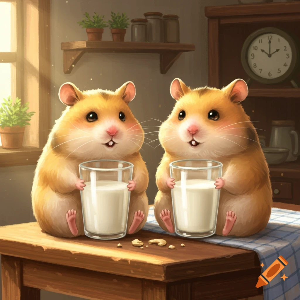Two fluffy, adorable hamsters sitting on a wooden table, each holding a small glass of milk, in a sunlit kitchen setting.