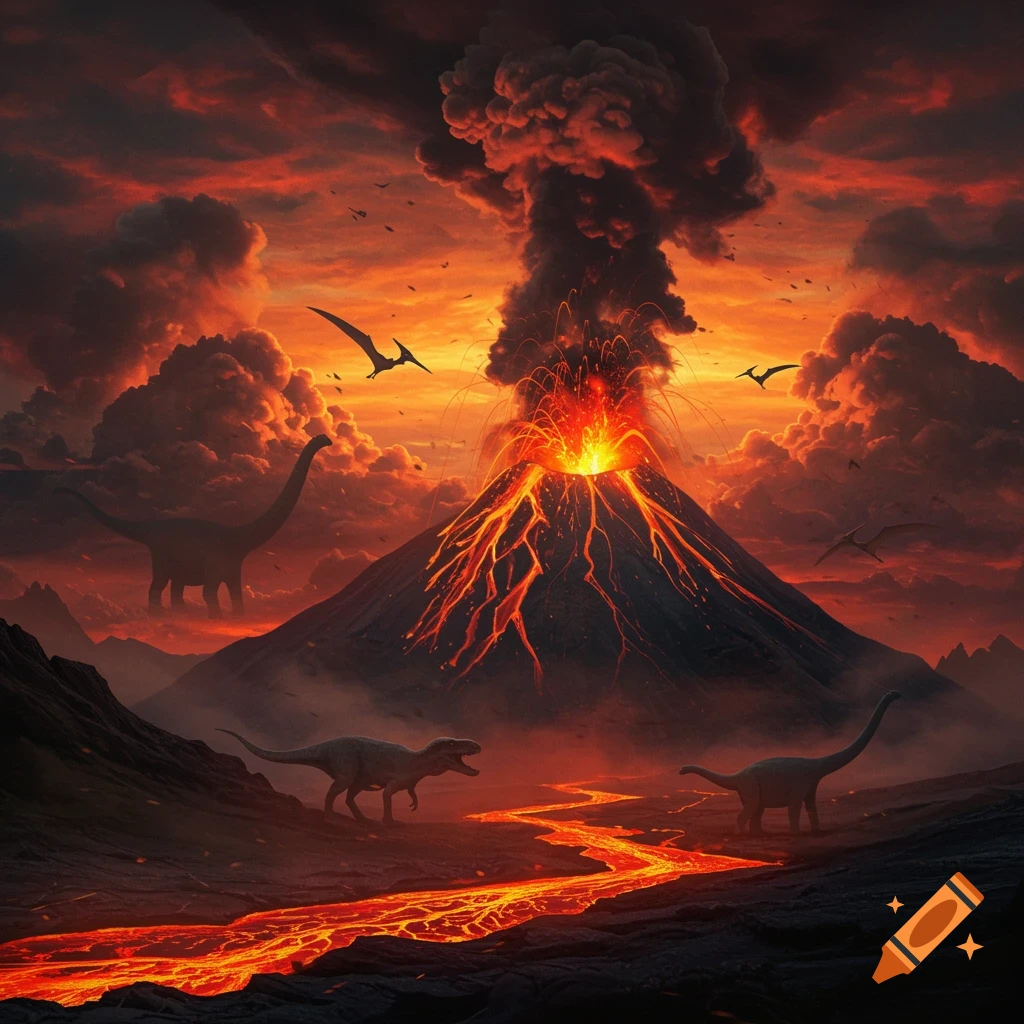 Dinosaurs in a fiery prehistoric landscape dominated by a large erupting volcano with flowing lava and smoke-filled skies.