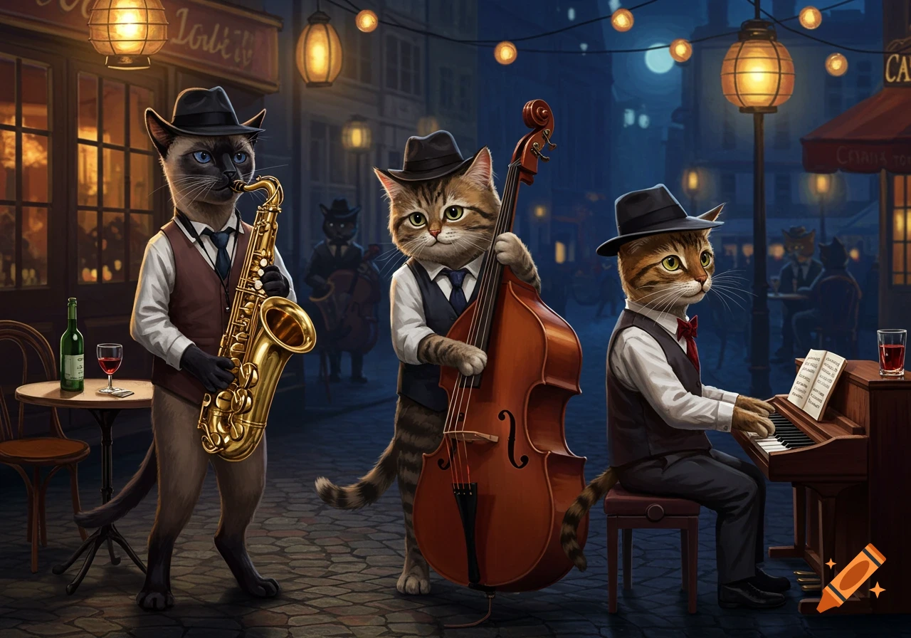 Three anthropomorphic cats in formal attire play jazz instruments at night on a cobblestone street, with illuminated buildings in the background.