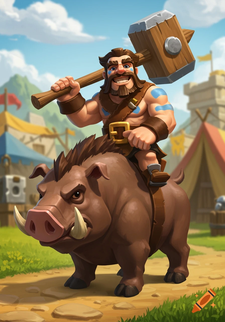 A smiling cartoon barbarian with a large hammer rides a fierce brown boar through a village.