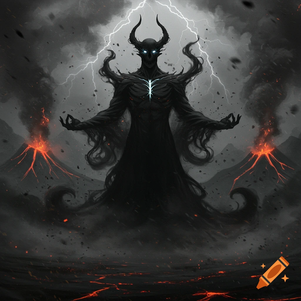 A dark, horned god-like figure with glowing eyes and chest stands amidst erupting volcanoes and lightning in a stormy, ash-filled landscape.