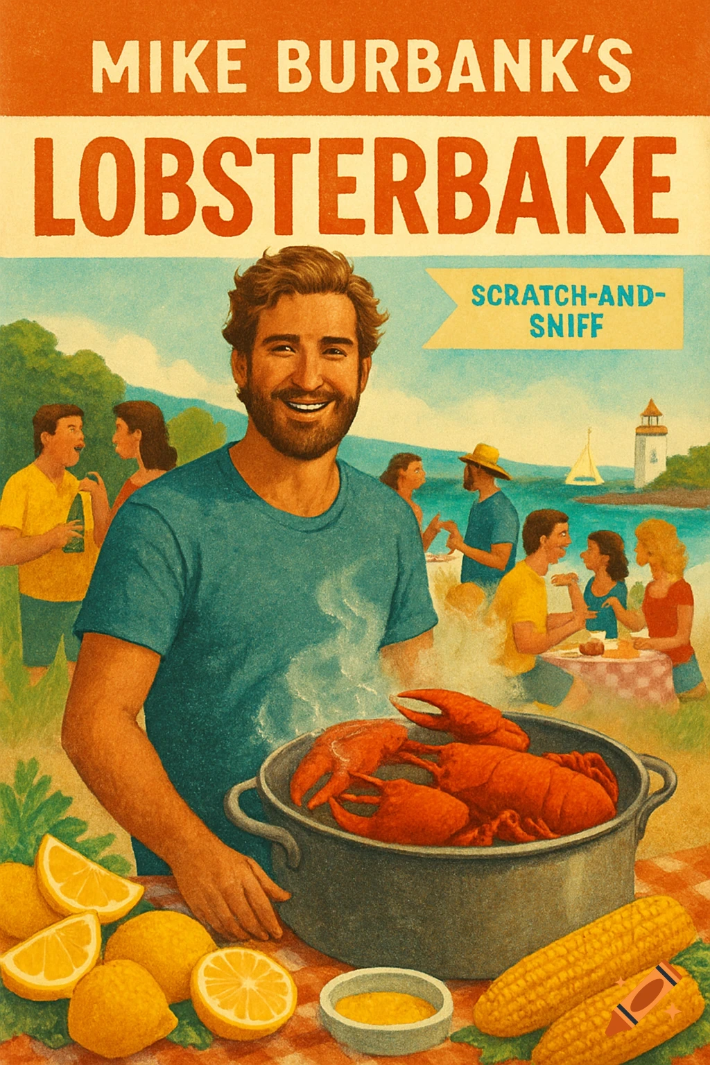 Illustration of a man smiling with a pot of lobsters, lemons, and corn at an outdoor lobster bake, styled as a vintage book cover.
