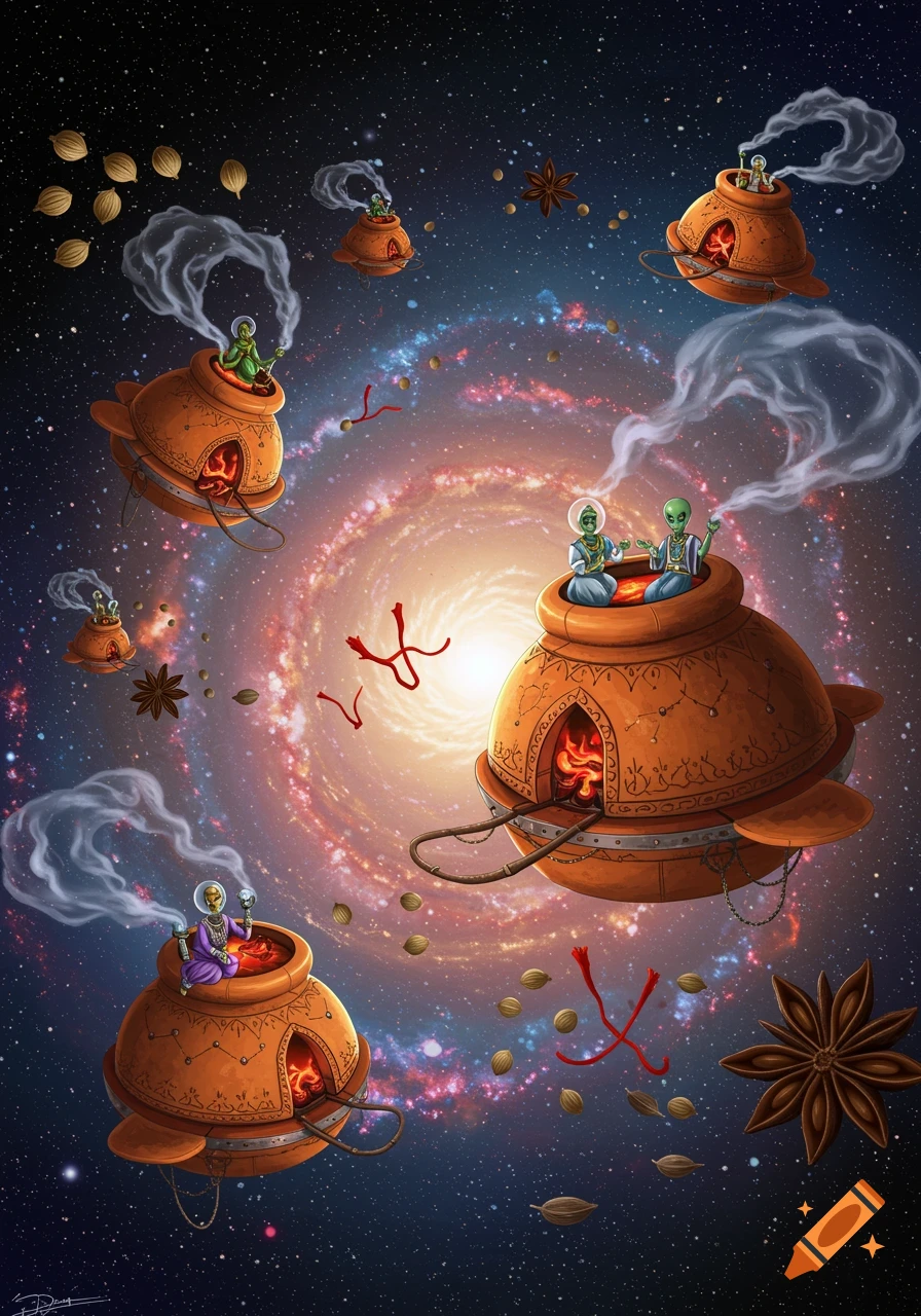 Illustrative image of green aliens floating in space in tandoor oven-shaped spaceships, surrounded by stars and spices.