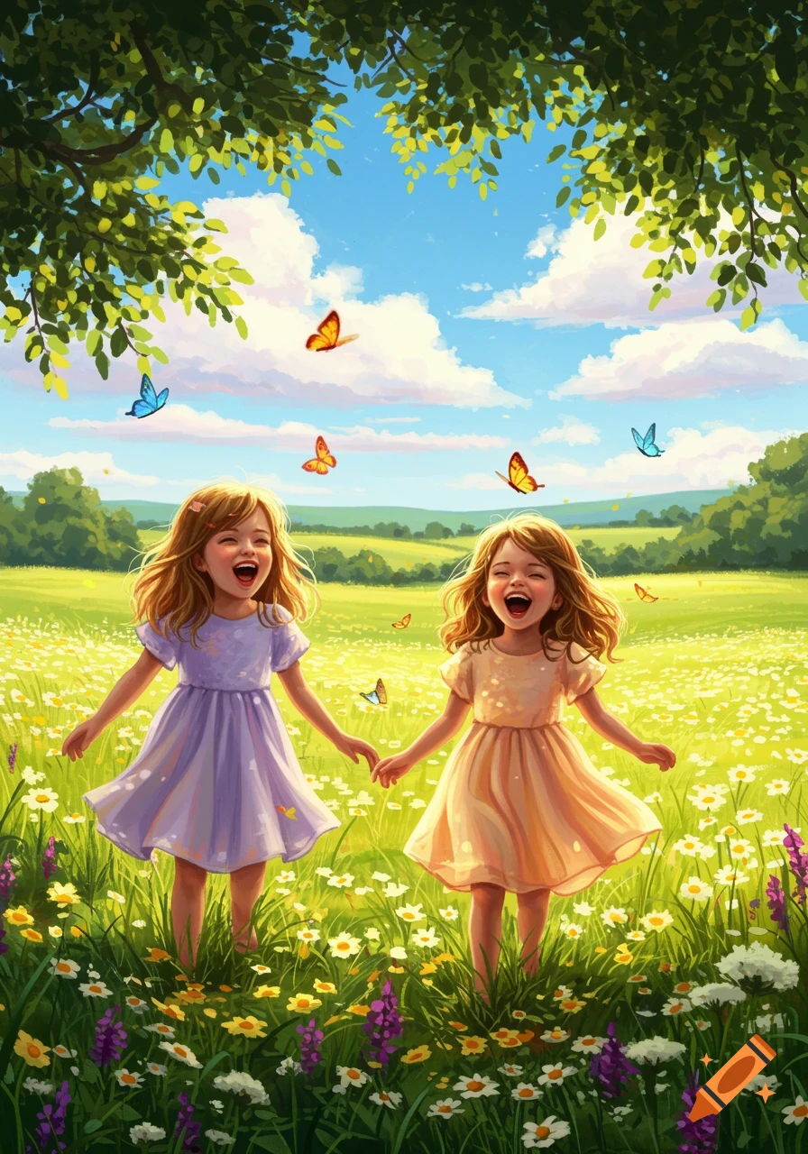 Two smiling young girls in dresses stand in a sunny wildflower field with butterflies, illustration.