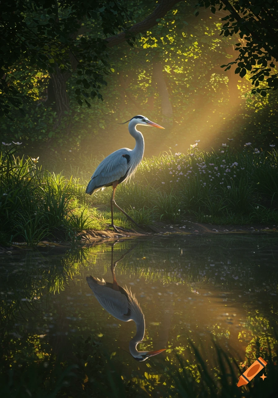 A photorealistic great blue heron stands gracefully by a sunlit pond in a lush forest, its reflection visible in the water.