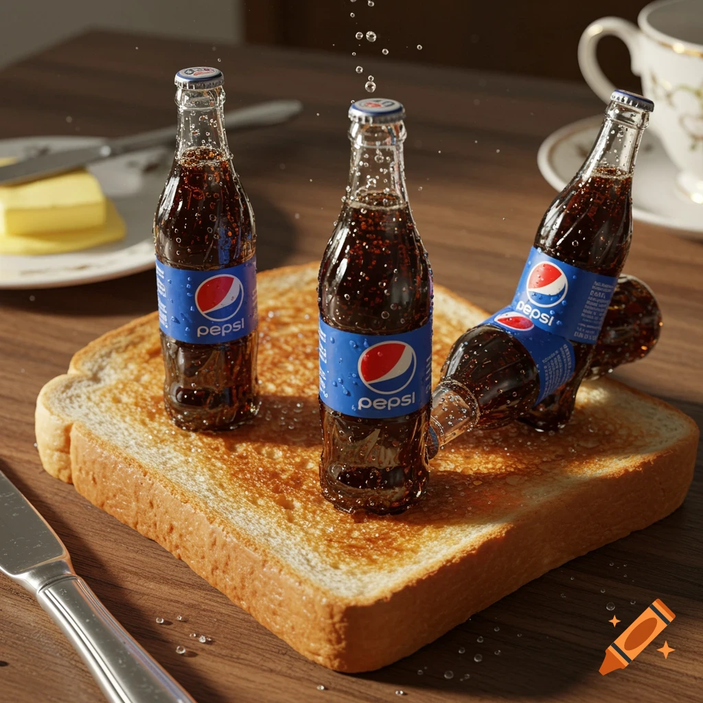 Three photorealistic mini Pepsi bottles with condensation on a slice of golden-brown toast with water droplets.