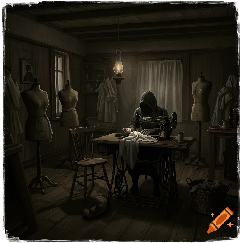 A dark, eerie Victorian sewing room with a hooded figure sewing a doll on a vintage machine, surrounded by mannequins and dim light.